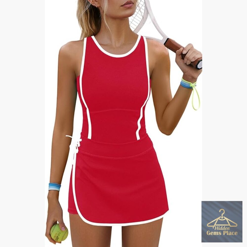 Red Athletic Tennis Dress with White Trim